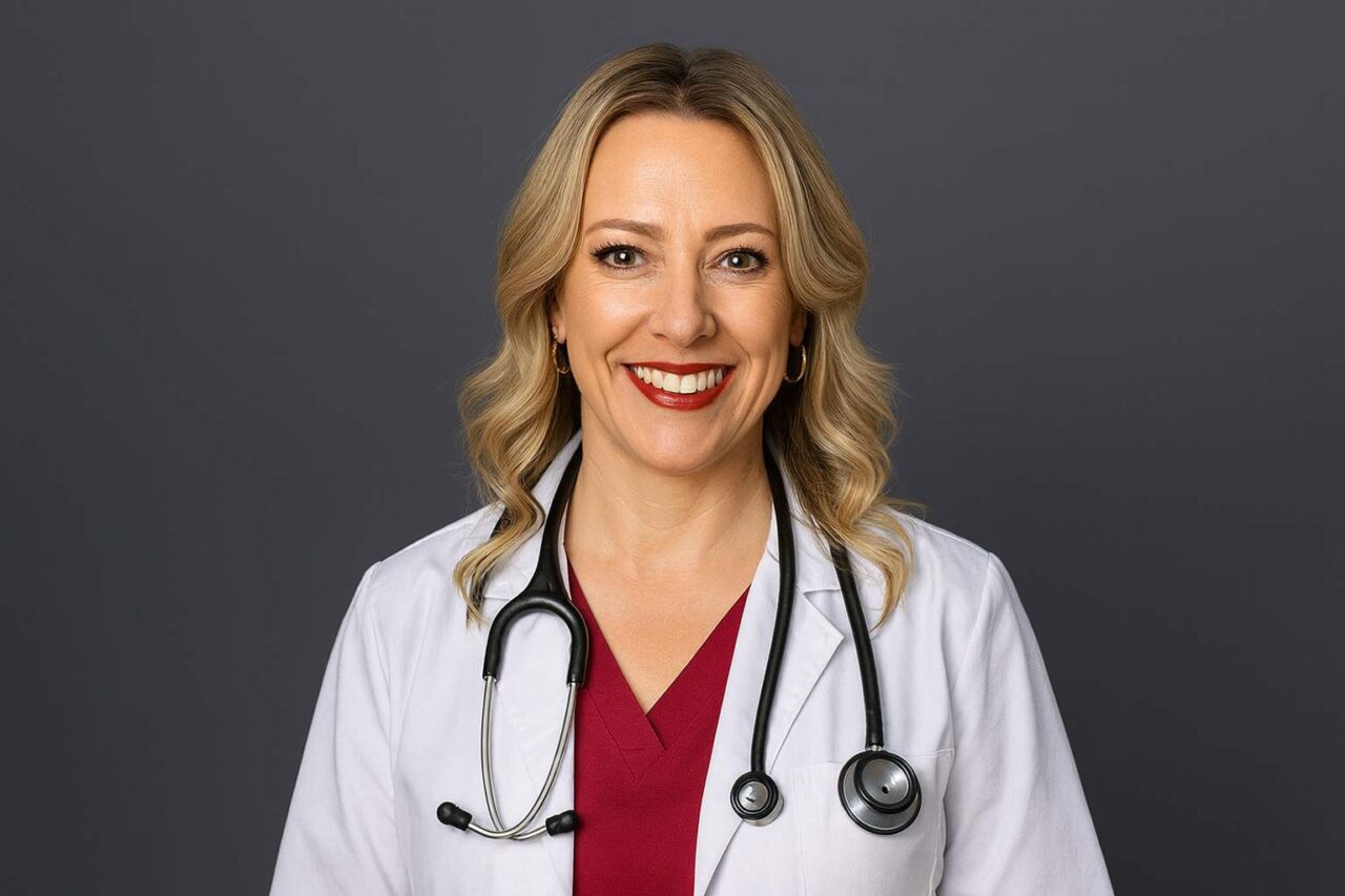 stone oak headshots san antonio 1 female physician wearing white coat stethoscope with red shirt san antonio