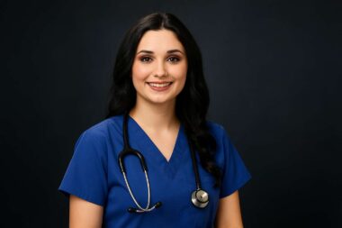 female physician wearing dark blue scrubs smiling