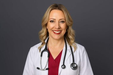 female physician wearing white coat stethoscope with red shirt san antonio